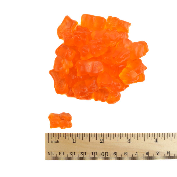 Vibrant orange gummy bears, sweet citrus flavor, approximately 125 bears per pound. Candy Nation.