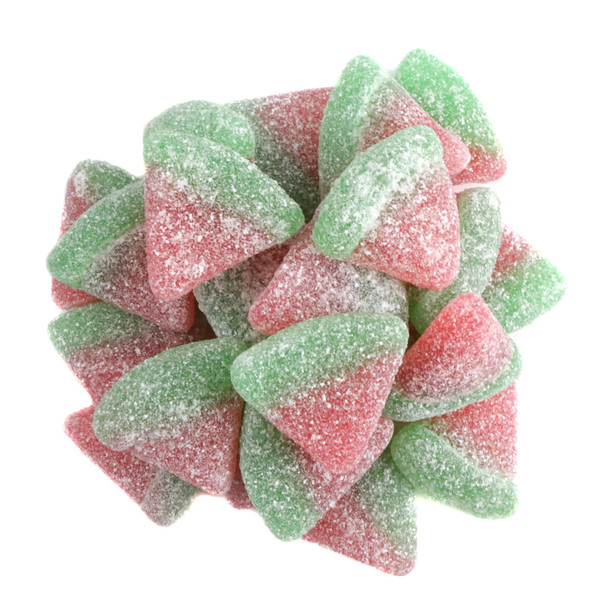 Sweet, firm gummy watermelon slices, red and green, coated in sparkling sugar crystals. Approx. 90 per pound.