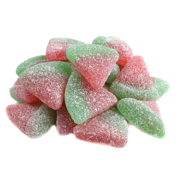 Firm sweet gummy watermelon slices, bite-sized, red and green, covered in sugar crystals. Approx 90 firm slices per pound.