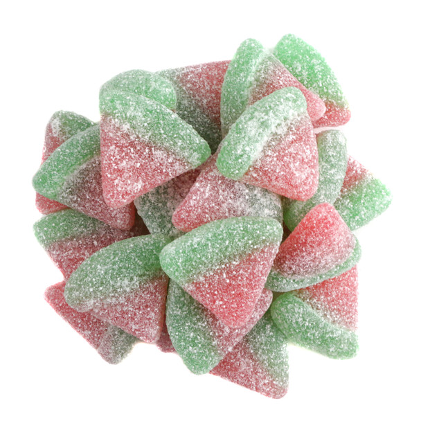 Sweet, firm gummy watermelon slices, red and green, coated in sparkling sugar crystals. Approx. 90 per pound.