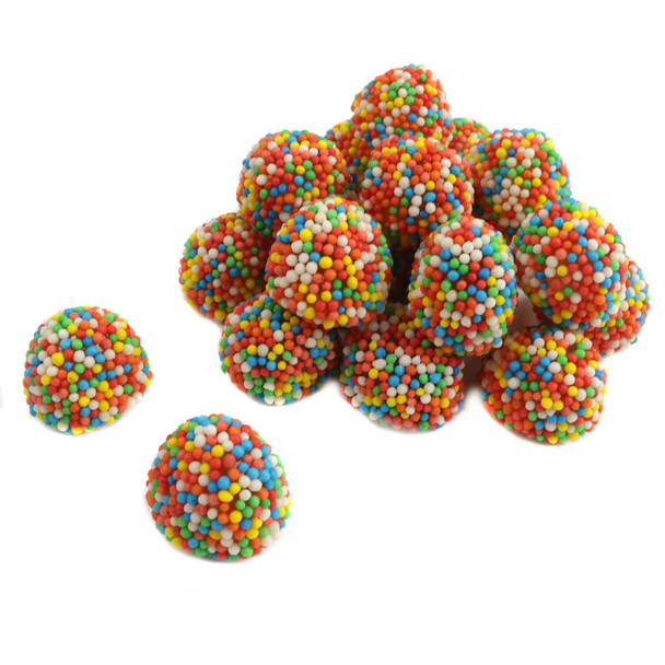 Nonpareil Gumdrops, soft chewy tutti frutti gummies covered in a rainbow of crispy nonpareils, vibrant colors, fun shape.