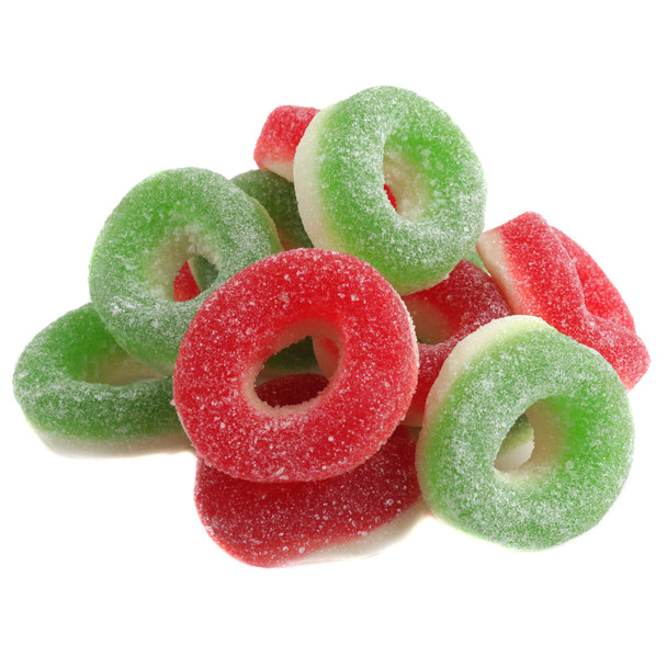 Bright red, green, white Gummy Christmas Wreaths, apple and cherry gummy rings, approx. 55 pieces per pound.