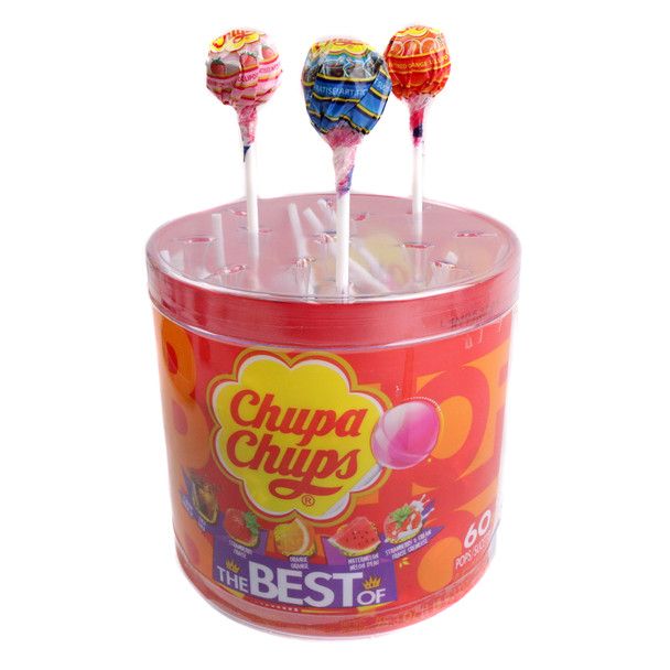 Chupa Chups Lollipops Drum, 60 assorted fruit and cola lollipops, vibrant red, orange, green, brown colors.