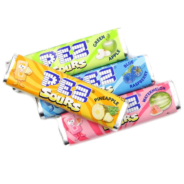 Assorted sour Pez candy rolls, 50 rolls. Yellow, green, blue, red flavors: pineapple, green apple, blue raspberry, watermelon.