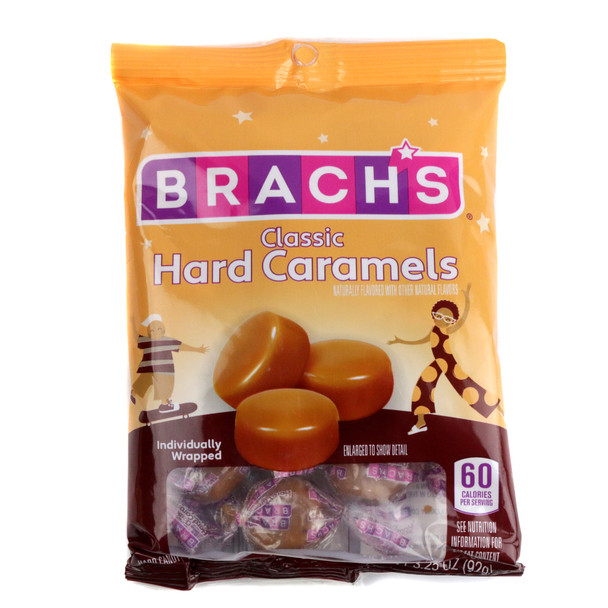 Brach's Caramel Nips hard candy, 3.25oz bag, approx 14 golden brown caramel pieces.