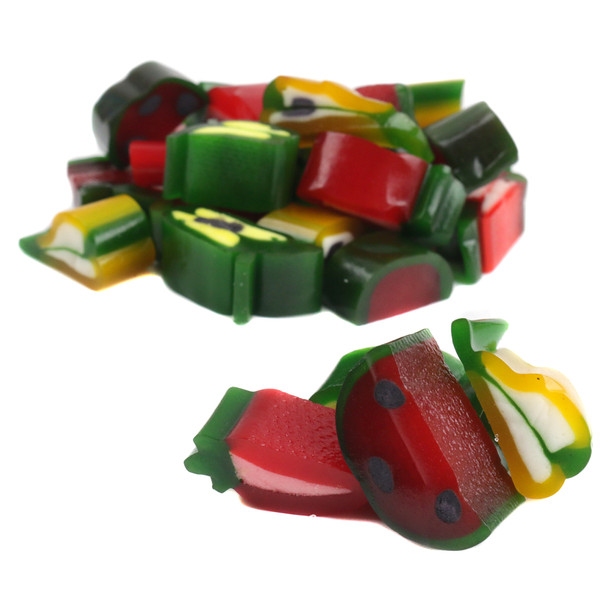 Vibrant, multi-colored Fini Fruit Mania licorice candy, over 100 playful apple, watermelon, strawberry shaped pieces.