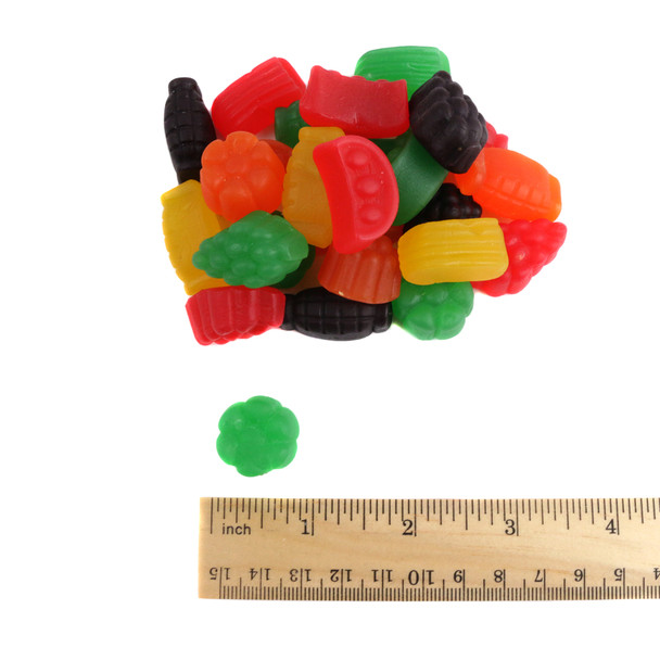 Colorful, large, firm fruit-shaped Fruit Jujubes, 90 per pound, assorted fruity flavors. Canada Candy.