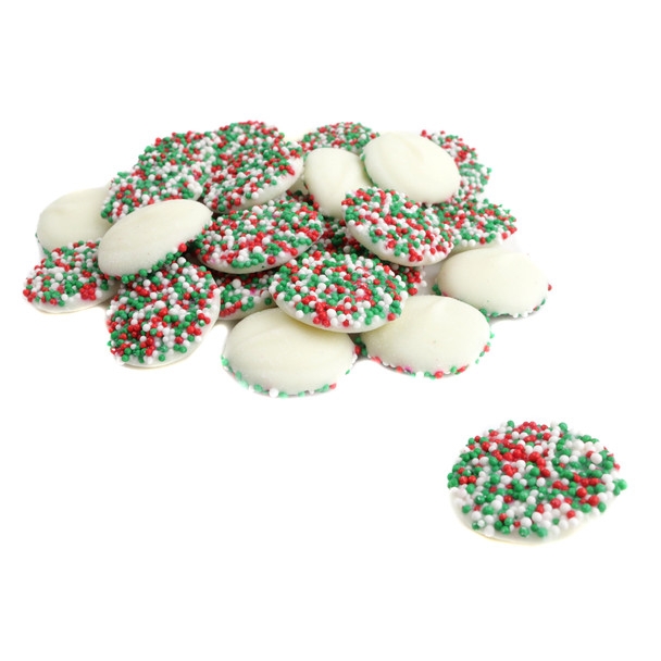 Creamy white chocolate mint nonpareils, festive for Christmas, with vibrant red and green sprinkles. Reppert holiday candy.