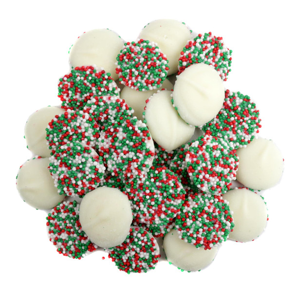 Reppert White Chocolate Mint Nonpareils. Creamy white chocolate with refreshing mint and festive red, green Christmas seeds.