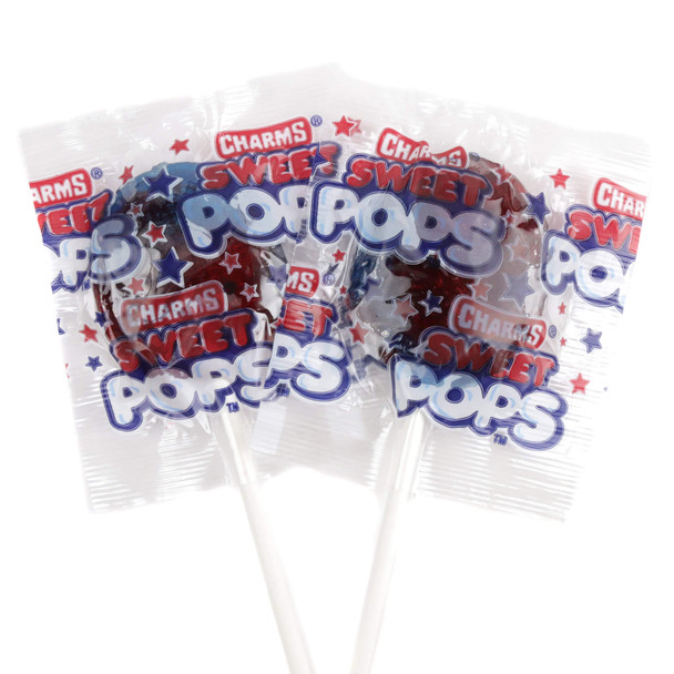 Charms Sweet Pop Red, White, Blue lollipops. Cherry, Blue Razz flavors. Approx 28 per lb, ideal for 4th of July.