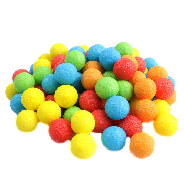 Mini Neon Jawbreakers, bumpy textured, unwrapped bulk candy. Five bright colors: blue, green, orange, yellow, purple. 460 per pound.