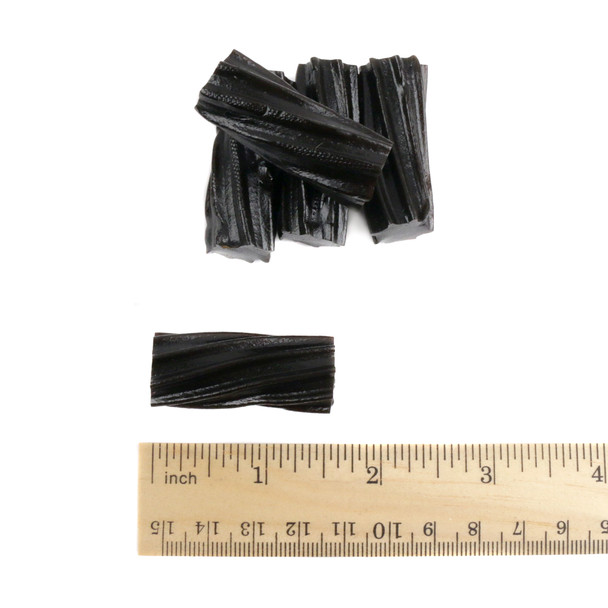 Wiley Wallaby black licorice, soft chewy 2-inch chunks. Approx. 48 pieces per pound, classic Australian style black candy.