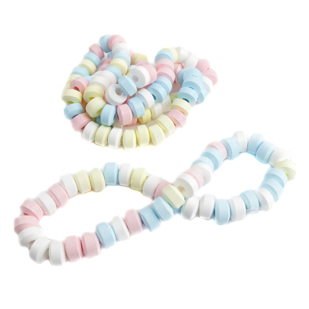 Beautiful pastel unwrapped candy necklaces on elastic bands, approximately 20 per pound, great for birthday parties.