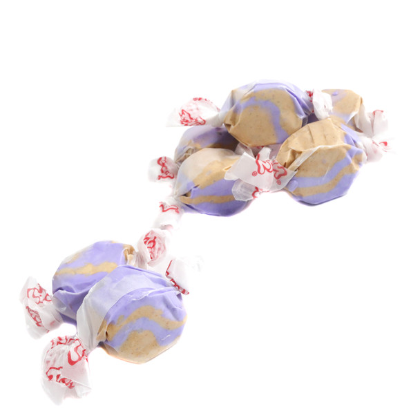 Taffy Town Salt Water Taffy Blackberry Crumble, vibrant purple, chewy, approx 65 pieces per pound.