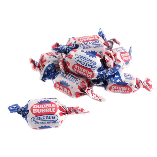Dubble Bubble American Flag Gum, individually wrapped red, white, and blue flag print bubble gum, approx 72 pieces.