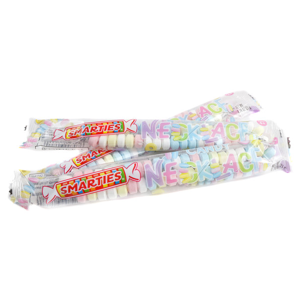 Individually wrapped Smarties candy necklaces, retro, with colorful candy beads on stretchy cords. Approx 20 per pound.