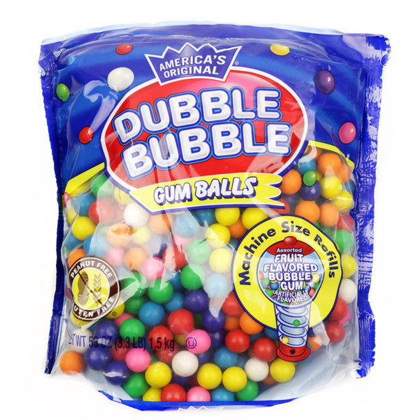 Dubble Bubble 53oz gumball refill bag, vibrant rainbow .62 inch gum balls, crunchy candy shell.