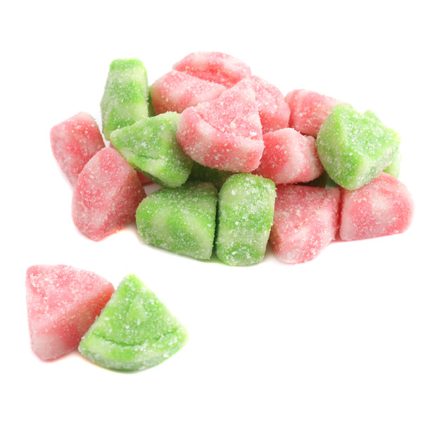 Albanese Gummy Watermelon Slices, many red and green watermelon-shaped gummies with a sanded sour coating, sweet candy.