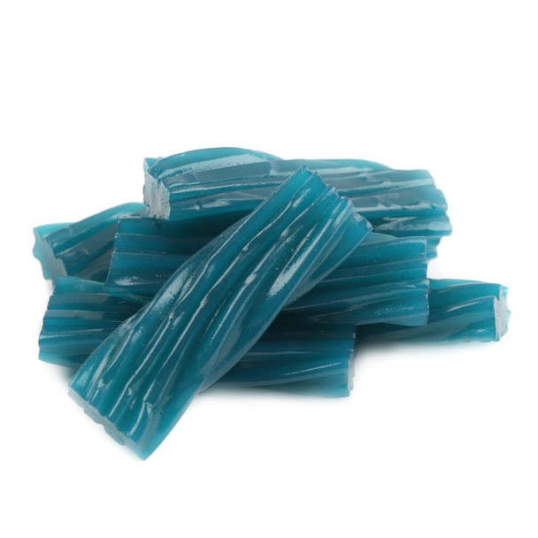 Deep blue Kenny's licorice twists, 2-inch blue raspberry bites, approximately 78 pieces per pound.