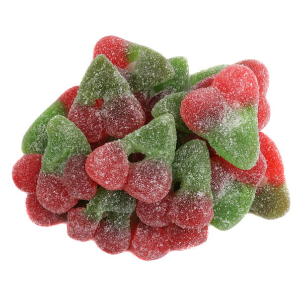 Vibrant red Sour Gummy Twin Cherries, approx 70 per pound, with sweet gummy inside and a mouth-puckering sour outside.