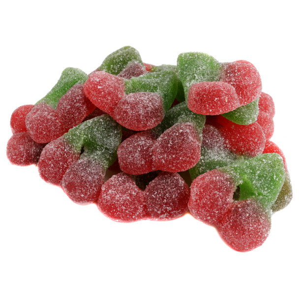 Vibrant red sour gummy twin cherries with stems, 70 per pound, offering a sweet and mouth-puckering tangy cherry flavor.