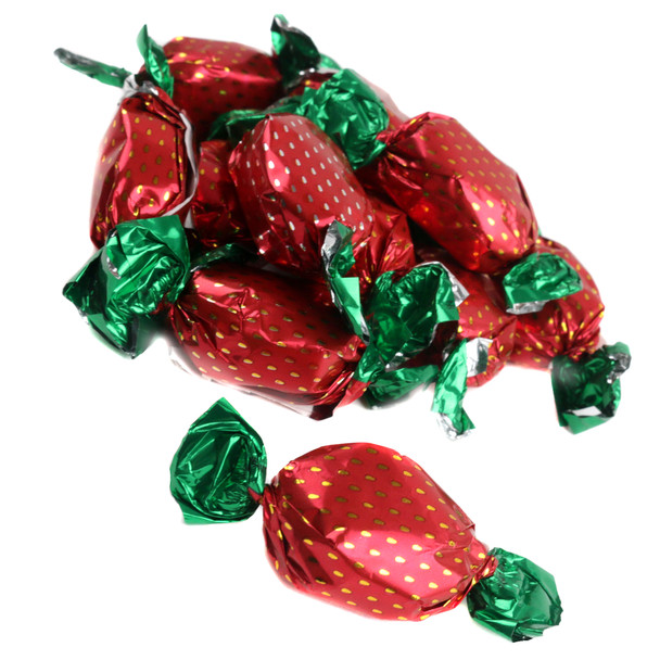 Sweet strawberry bon bons, old-fashioned hard candy, individually wrapped in red strawberry wrappers, approx 60 pieces per pound.