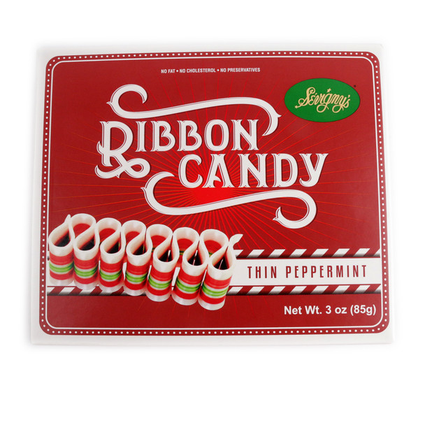 Sevigny's Peppermint Ribbon Candy Box, 6 delicate red and white striped peppermint ribbons, old fashioned Christmas hard candy.