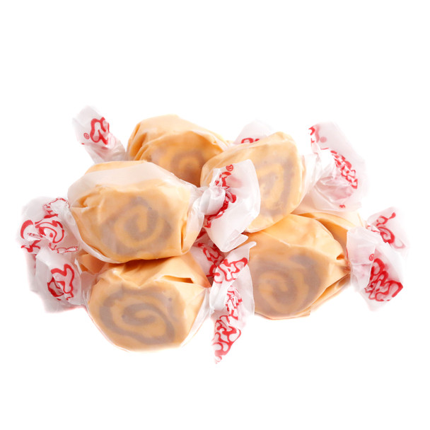 Taffy Town Salt Water Taffy, Cookie Butter flavor. Tan pieces, approximately 65 per pound, rich buttery taste.