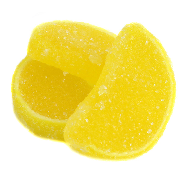 Lemon Fruit Slices unwrapped, 5LB box of sweet, tangy, yellow, sugar-coated jelly candies resembling real lemon slices.