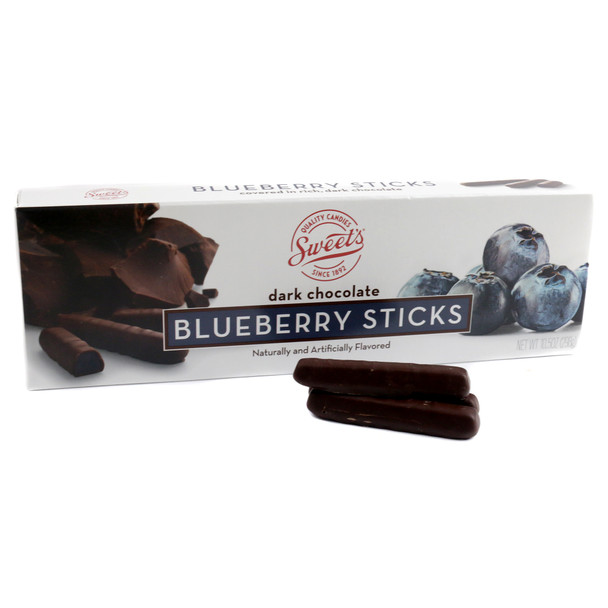 Sweets Dark Chocolate Blueberry Sticks, 10.5oz box. Rich dark chocolate covered purple blueberry jelly sticks, approx 38.