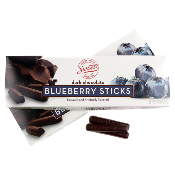 Sweets dark chocolate blueberry jelly sticks, 10.5oz box. Rich brown chocolate, juicy blue-purple blueberry, approx 38 gluten-free sticks.