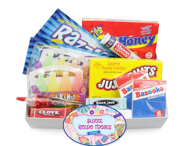 Colorful Retro Candy Box, an assorted gift box filled with nostalgic treats from multiple eras.
