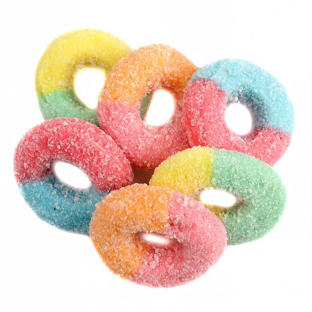 Neon Gummy Rings, bright rainbow colors, sour sanding sugar coating, approximately 56 tangy rings per pound.