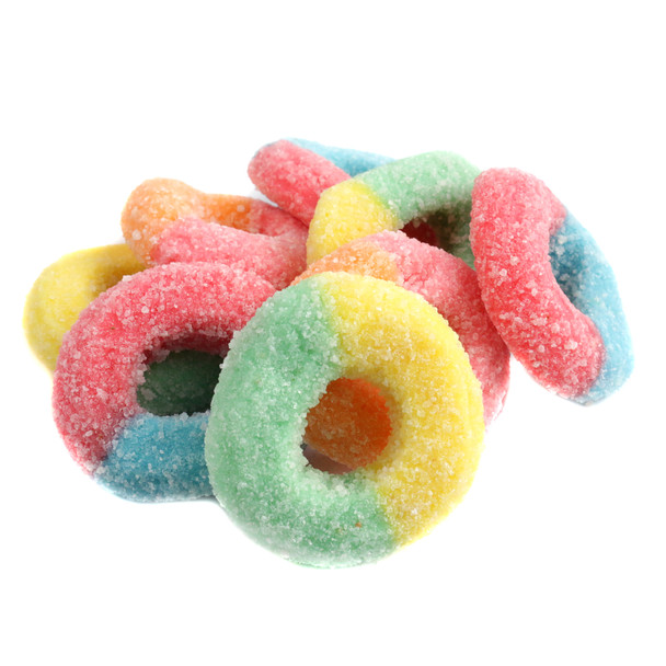 Neon Gummy Rings, bright rainbow colors, sour sanding sugar coated, tangy candy, approx 56 rings per pound.