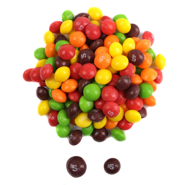 Skittles Littles, mini chewy candies. Rainbow colors of strawberry, orange, grape, lemon, lime Skittles.