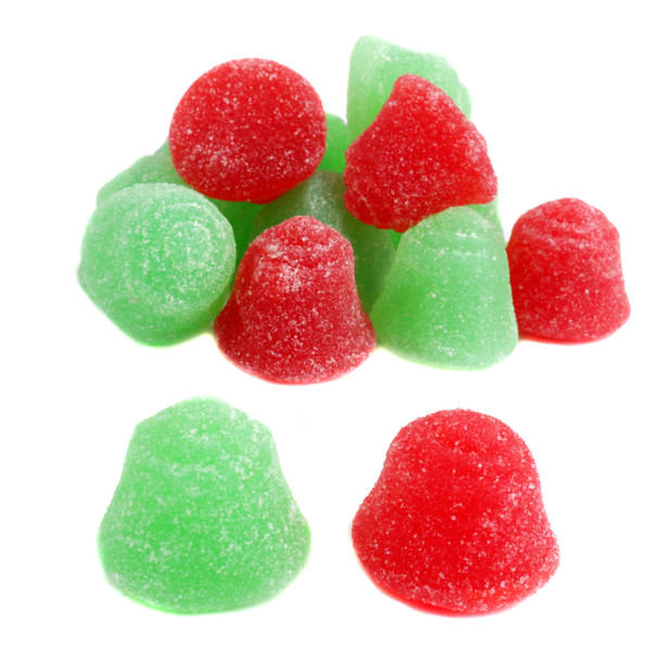 Zachary unwrapped red and green Christmas Jelly Bells, cherry and lime, approx. 50 pieces per pound.