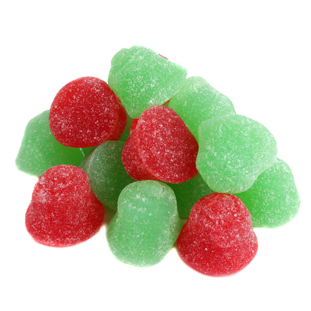 Red and green Zachary Christmas Jelly Bells, cherry and lime flavored, approx 50 pieces per pound.