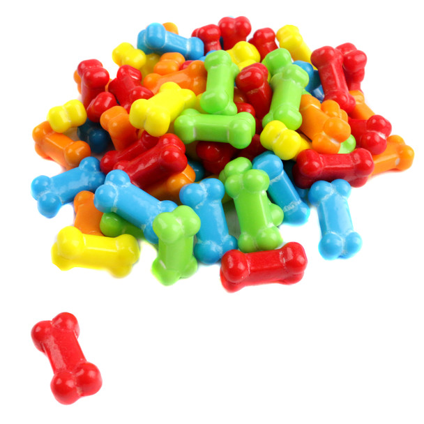 Tiny, tart, rainbow-hued pressed candy bones for Halloween. Approx. 375 per pound.