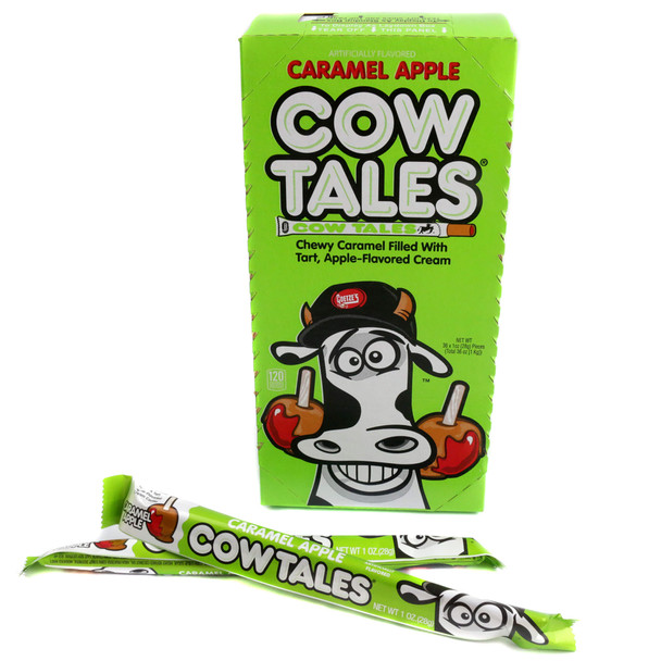 Display box of 36 individually wrapped Caramel Apple Cow Tales cream-filled chewy candy sticks.
