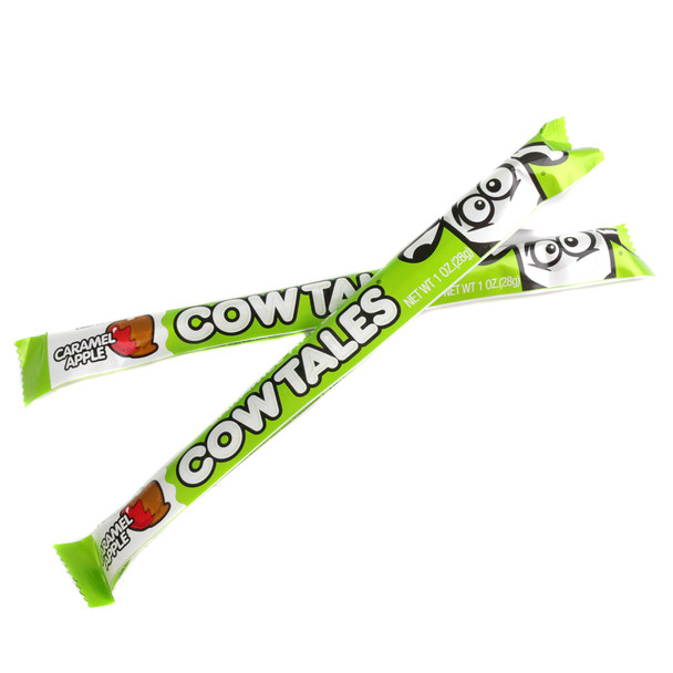 Close-up of wrapped Caramel Apple Cow Tales chewy caramel sticks.