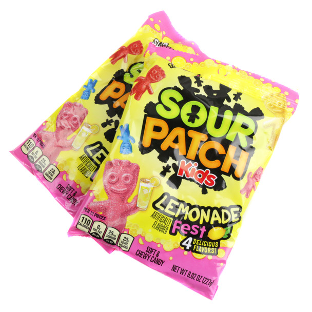 Sour Patch Kids Lemonade Fest 8.02oz bag, strawberry, blue raspberry, cherry lime, classic yellow sour gummy candies.