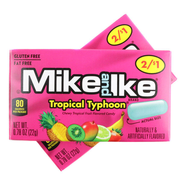 Mike and Ike Tropical Typhoon 24 pack, colorful oblong chewy candies. 24 small boxes, kiwi, strawberry, mango tropical flavors.
