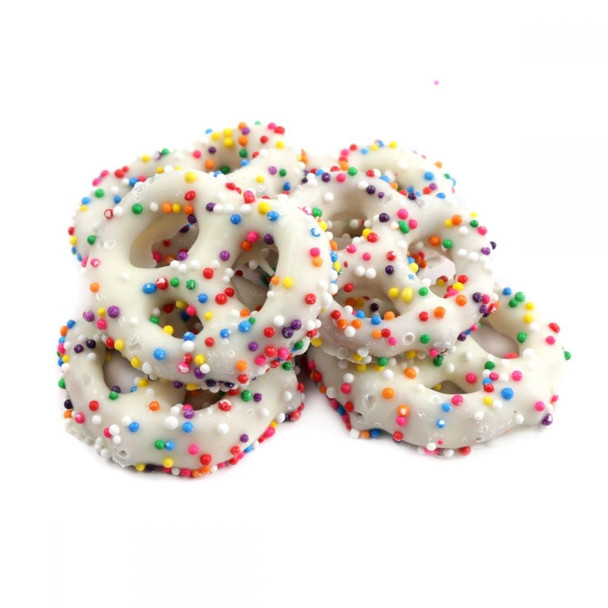 White coated mini pretzels covered in vibrant rainbow nonpareils, approx 45 per pound.
