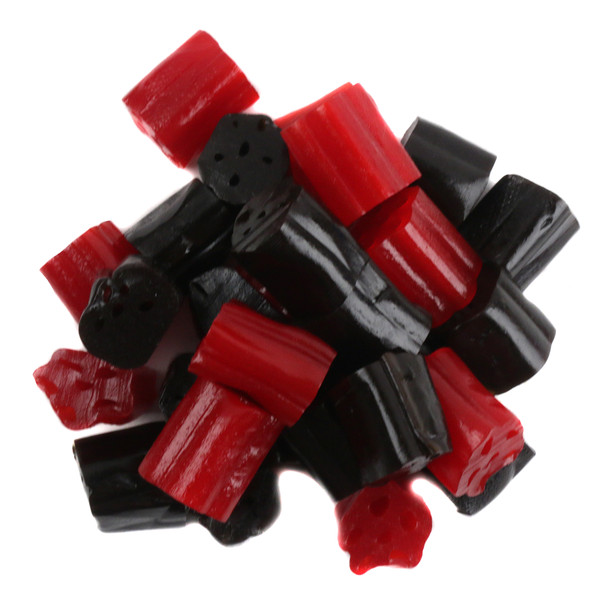 Vibrant red and deep black licorice honeycomb bites, classic American candy pieces by Kennys Candy.