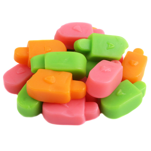 Albanese Sherbert Gummy Popsicles, approx 125/lb. Orange, lime, strawberry flavored ice pop gummies.