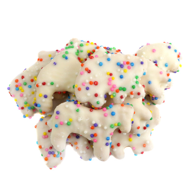Yogurt Covered Animal Crackers, thick white coating, colorful rainbow nonpareils, festive sweet snack.