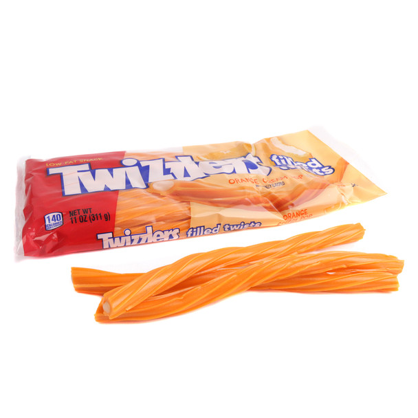 Twizzlers Orange Cream Pop candy, multiple bright orange chewy twists with a creamy orange center.
