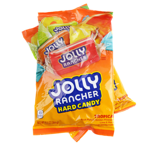 Tropical Jolly Rancher 6.5oz bag of colorful, individually wrapped hard candies. Red, yellow, green, orange fruit punch, pineapple, lime, mango flavors.