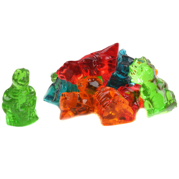 3D Gummy Dinosaurs, red cherry, green apple, orange, blue raspberry assortment, vibrant fruity candy.