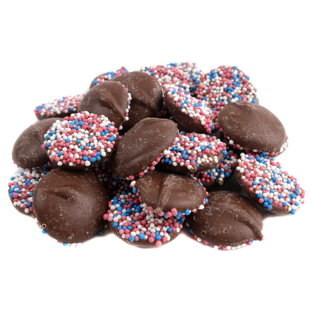 Red, white, blue patriotic milk chocolate nonpareils. Creamy discs with vibrant sprinkles, approx 130 per lb.